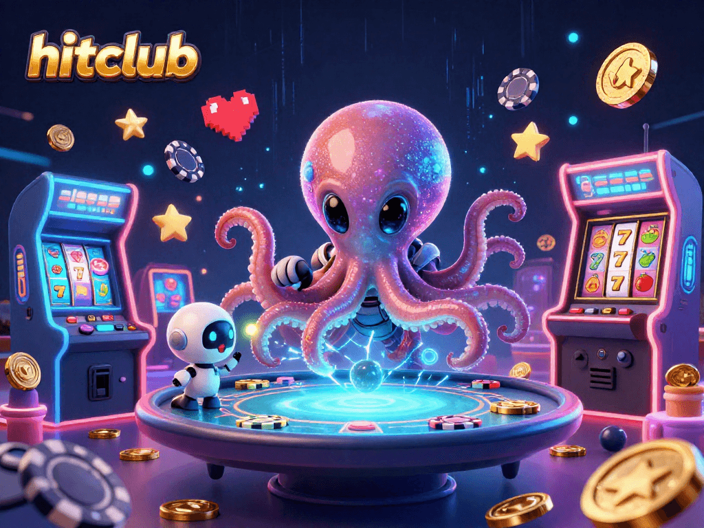 Join the hitclub experience with a vibrant alien octopus at a holographic poker table amidst exciting slot game elements.