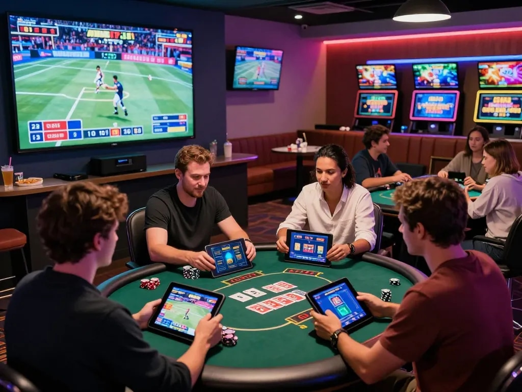 Players engaging in exciting online gambling at AZ888 casino with vibrant atmosphere and live sports.