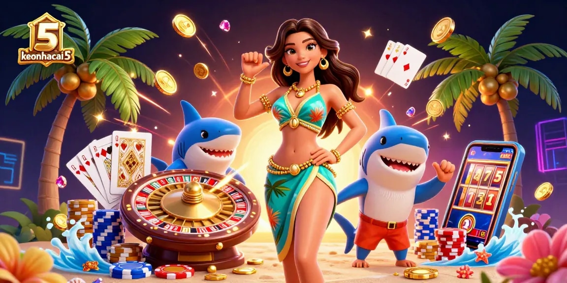 Engage with keonhacai 5 in a vibrant casino-themed illustration showcasing thrilling gambling elements.