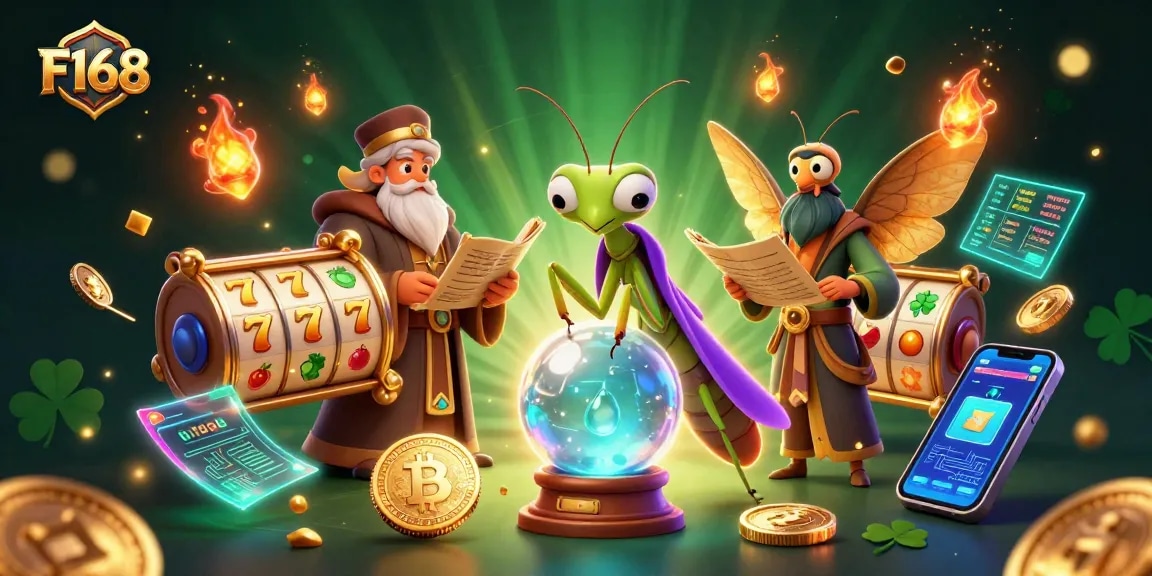 F168 players winning big with a mystical fortune teller and a wise librarian amidst vibrant slot gaming elements.