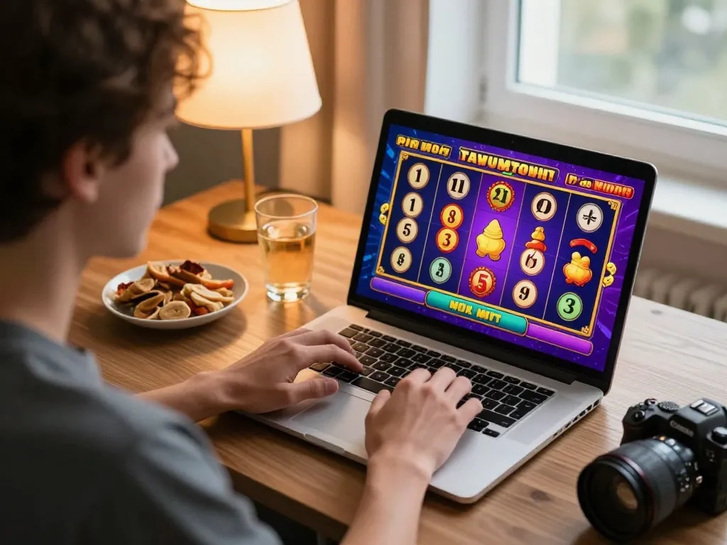 Player enjoying an exciting slot game on 58wiin platform from home, showcasing modern gaming setup and snacks.
