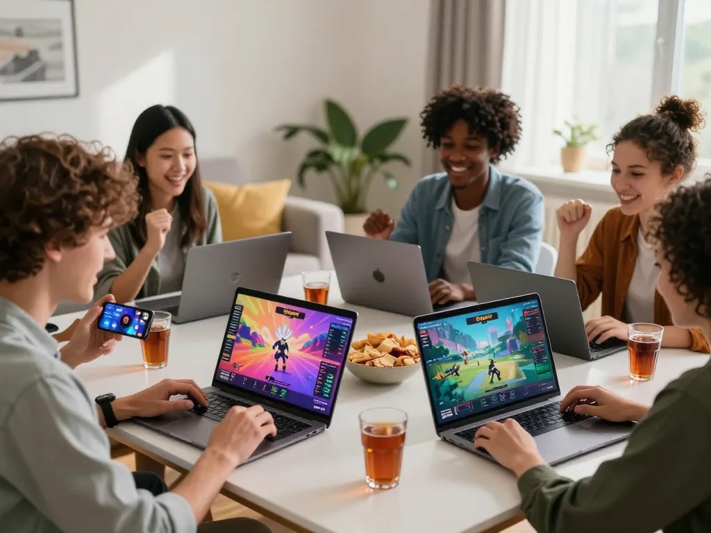 Friends engaging with Sun win games in a vibrant living room, showcasing lively interaction and enjoyment.