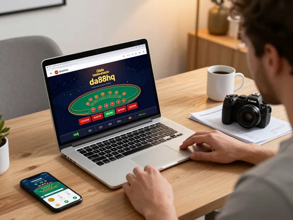 Play blackjack on the da88hq interface in a cozy home office setting.