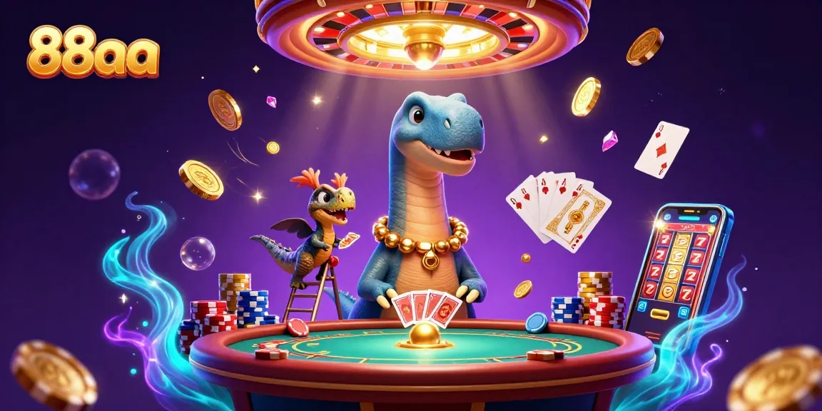 Engage with 88aa's vibrant casino scene featuring a towering brontosaurus and dynamic gaming elements.