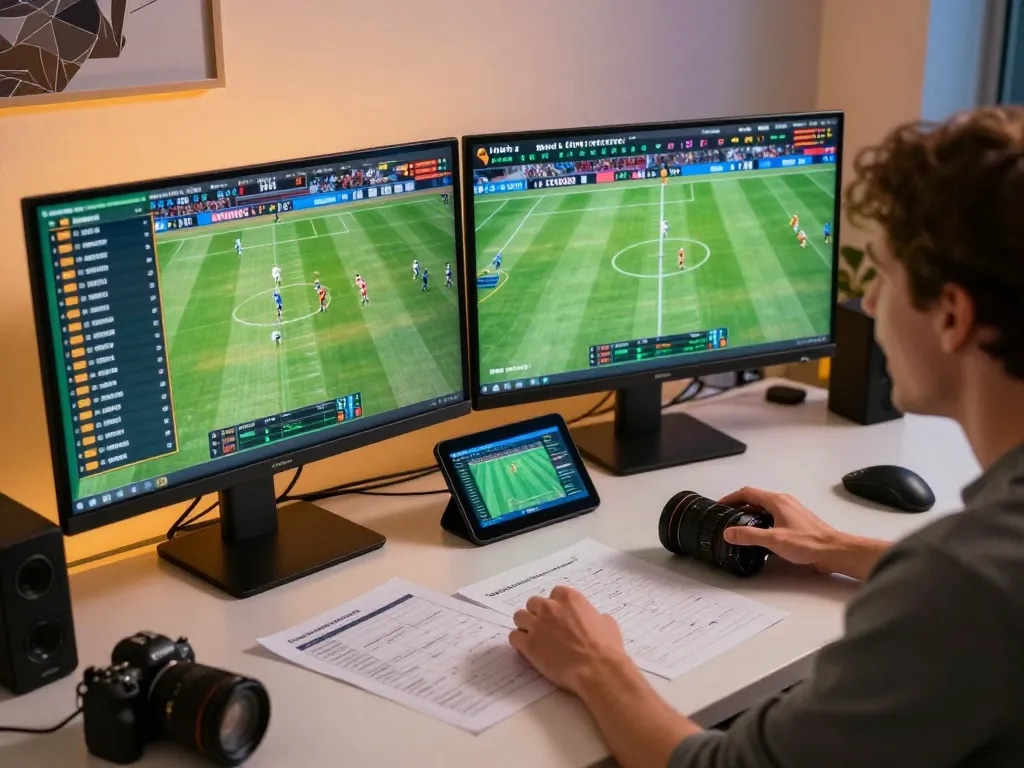 Person analyzing nhandinhkeonhacai statistics on dual monitors during a live sports betting session