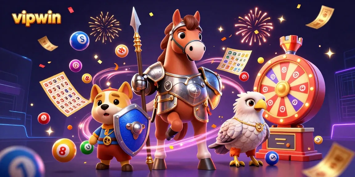 Engage with vipwin in a vibrant casino scene featuring knights and lottery elements.