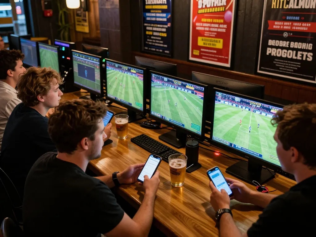 Participants engaging in sports betting excitement at Go89living venue, checking apps and enjoying the atmosphere.