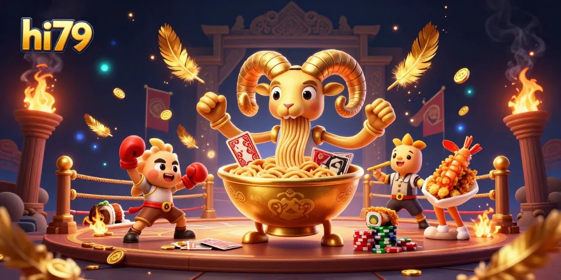 Experience the excitement of hi79 with a vibrant 3D casino scene featuring dynamic characters and gold elements.