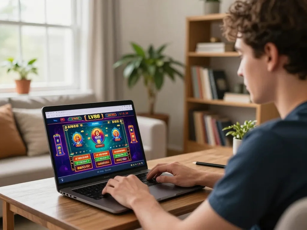 Player enjoying LV88 online gaming experience at home using a laptop, focused on the game.