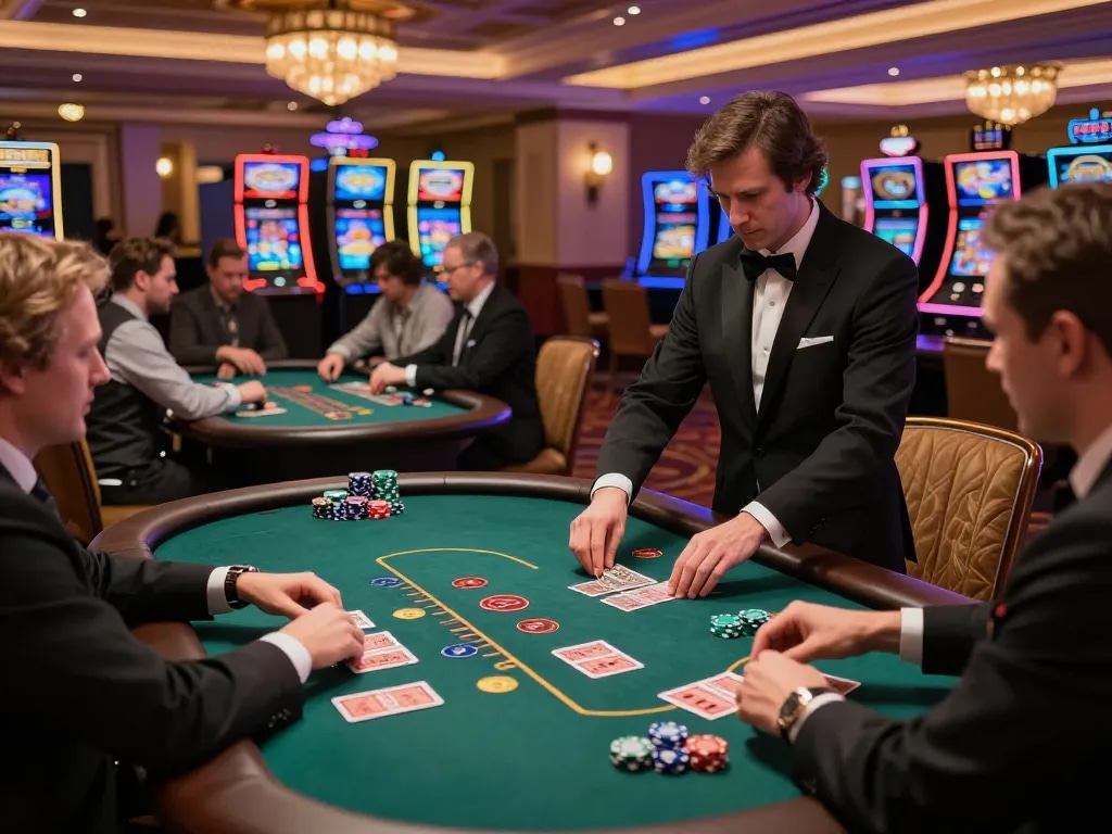 C168 casino scene showcases players strategizing at blackjack tables with dealers in an upscale environment.