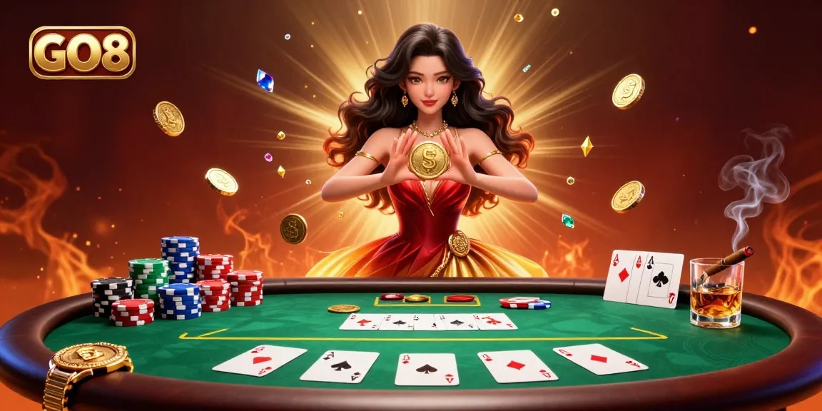 Join the excitement at GO8 casino with a stunning Asian woman holding a golden coin as treasures rain down.