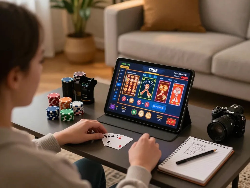Engaging player enjoys online games at TR88, showcasing an immersive gaming atmosphere from home.