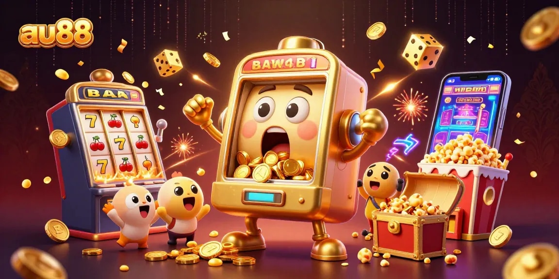 Play au88 with the animated golden slot machine striking a jackpot amidst vibrant casino excitement.