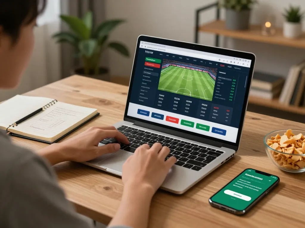 Person engaging with kèo nhà cái betting options on a laptop amidst a comfortable home environment, showcasing strategic gambling setup.
