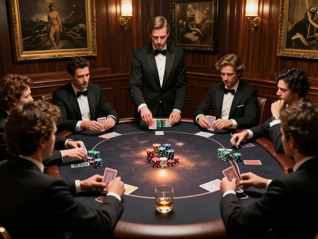 Engaging poker game in a luxury setting, featuring strategic moves and players at the table, fly 88 in action