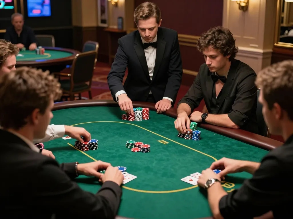 Engaged players at Xin88 poker table making strategic bets during a lively casino game night.