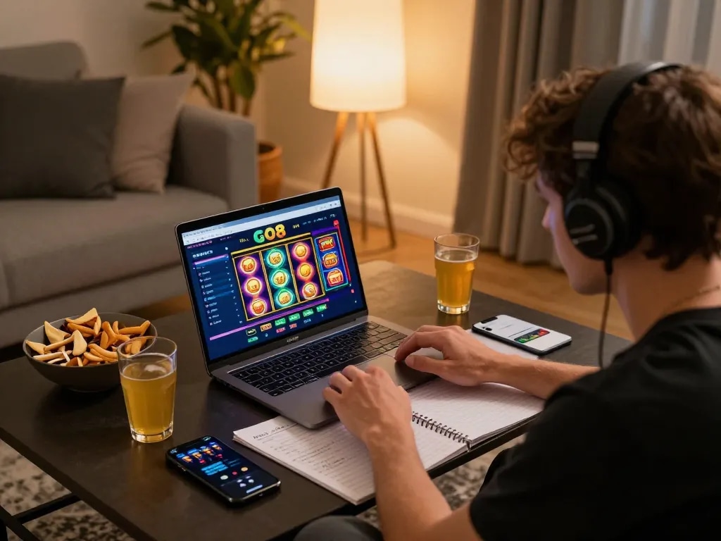 Engaged player explores the exciting GO8 online casino games from a cozy home setup.