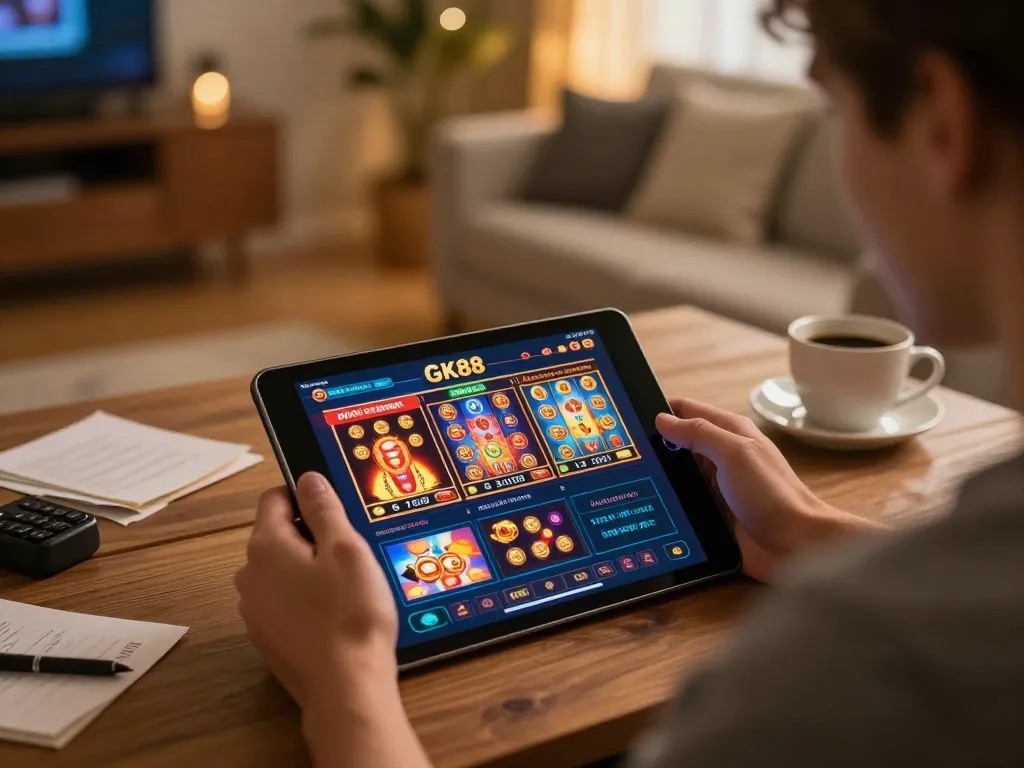 Engaging player exploring GK88 casino app on tablet for strategic online betting.