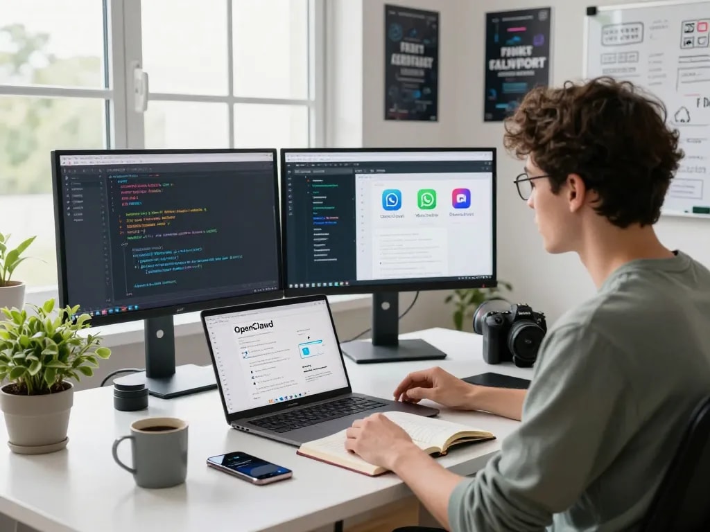 Person utilizing clawbot AI assistant in a modern tech workspace, featuring laptops, dual monitors, and communication apps.