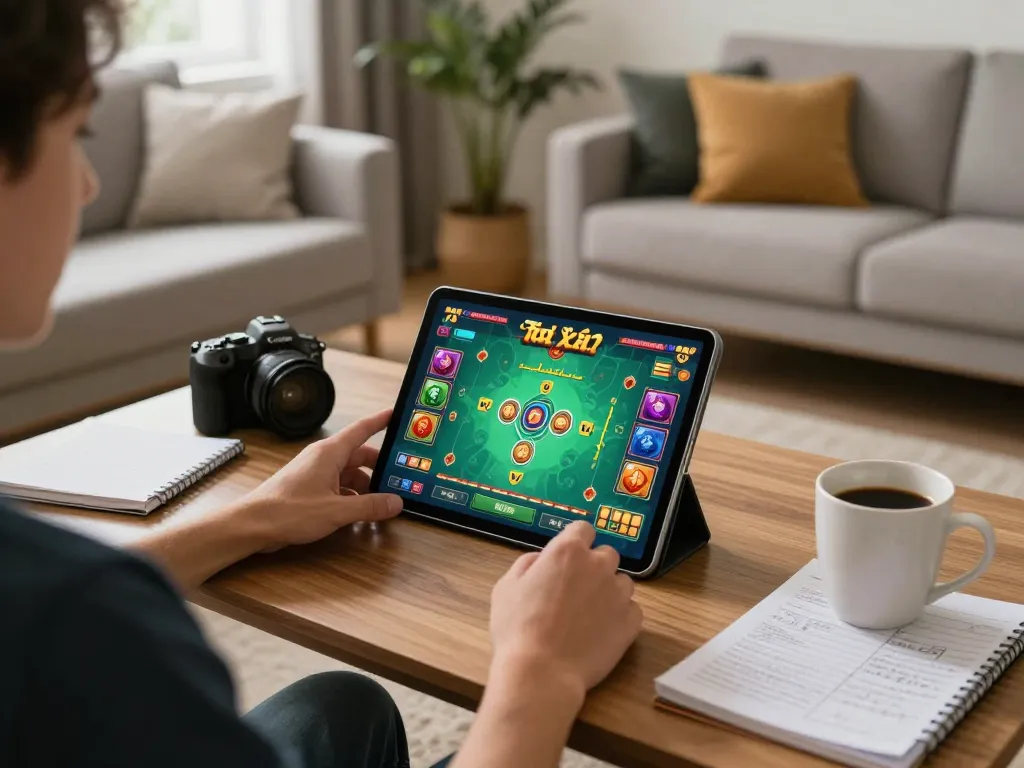Playing tài xỉu online on a tablet in a cozy home setting, showcasing strategic notes and a welcoming atmosphere