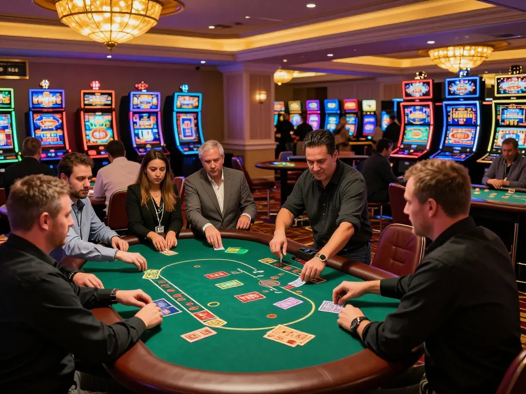 Players enjoying a lively game of blackjack at five88 casino, vibrant atmosphere with dazzling lights and engaged spectators.