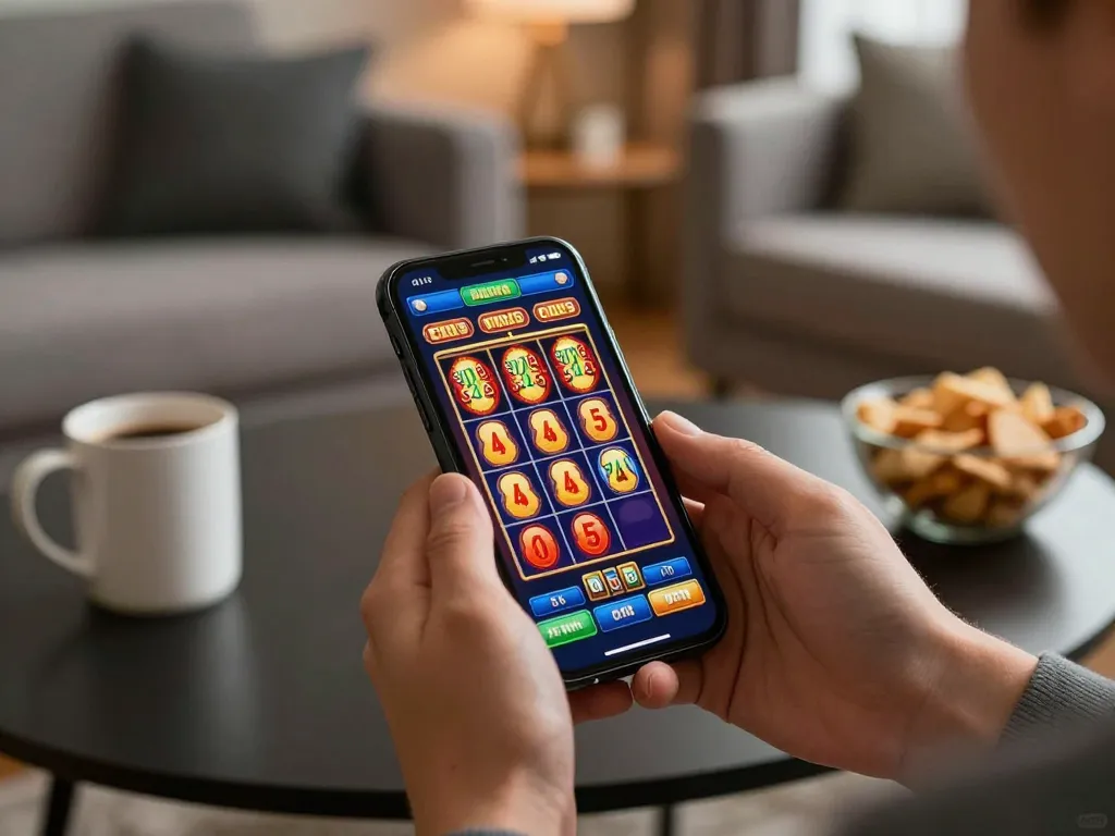 Engaging mobile casino gaming on a smartphone with tải go88 accessible in the cozy home setting.