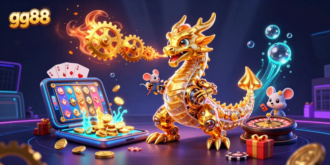 Engage with gg88's exciting gambling scene featuring a golden dragon and slot game thrill