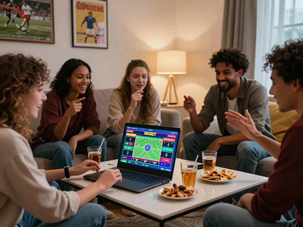 Friends enjoying an online gambling session on RIKBET platform, lively living room atmosphere.
