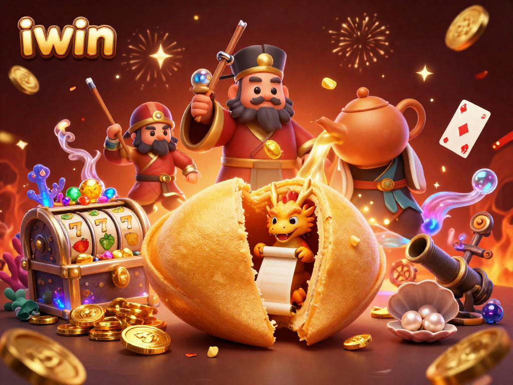 Win exciting slot rewards with iwin's dynamic casino scene featuring a golden fortune cookie and vibrant game elements.
