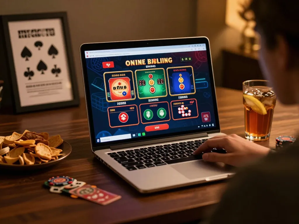 Person enjoying online casino gaming on laptop, showcasing hit club gaming strategies in a cozy living space.