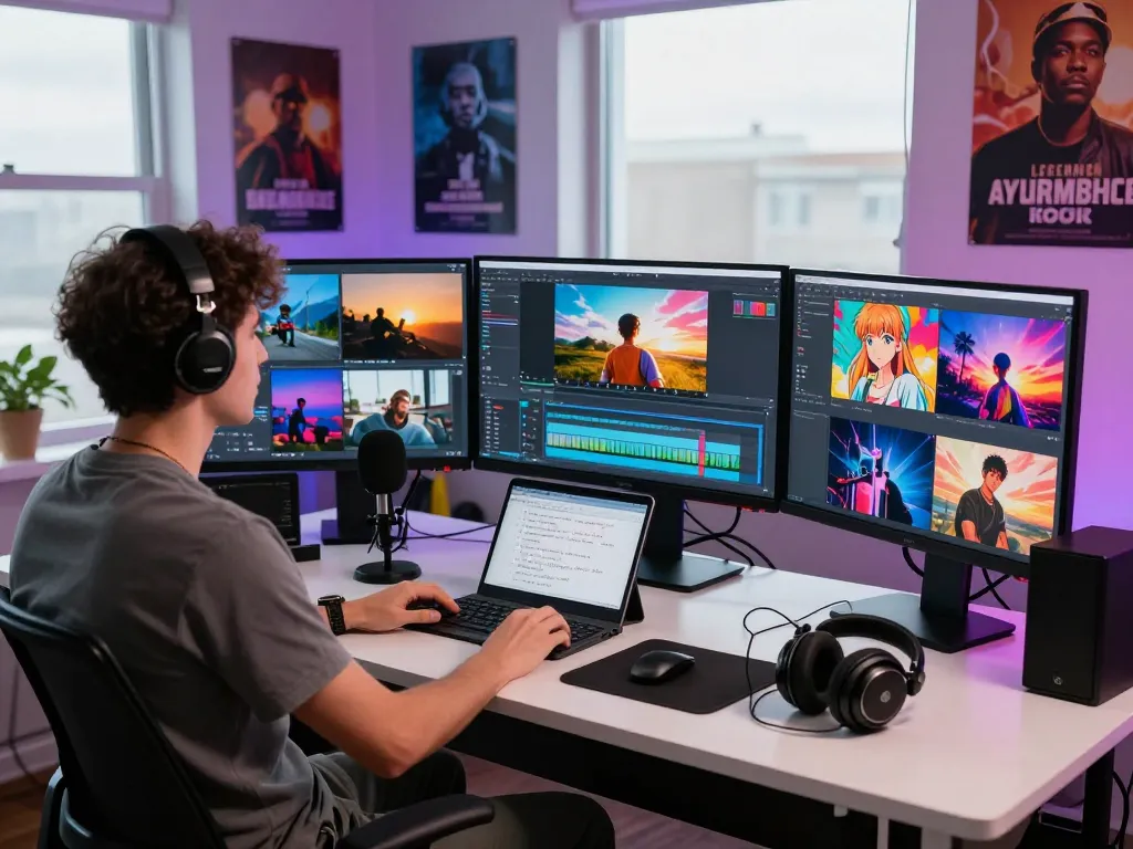 Creative professional using seedance ai in a vibrant digital studio to produce cinematic videos.