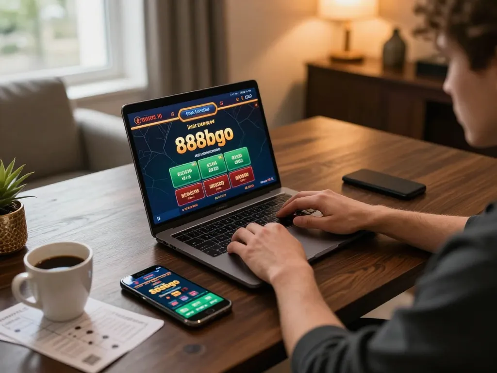 Engaging in online gaming at 888bgo with a laptop and smartphone setup in a cozy home.