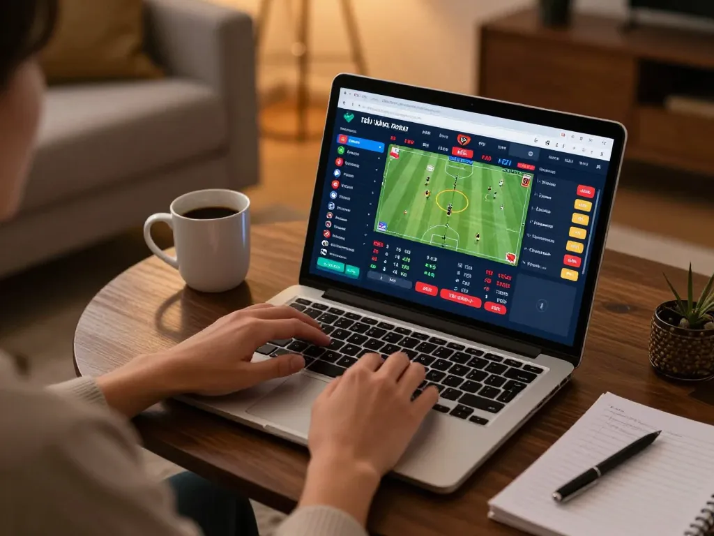 Tỷ lệ bóng đá displayed on a laptop with a user engaging in online sports betting from home.