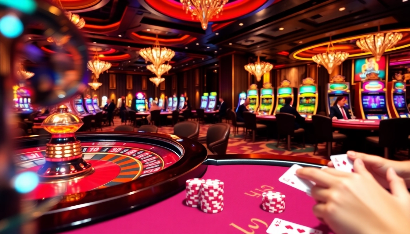 A lively casino scene featuring roulette wheels and poker tables, embodying the excitement of one 88 gaming.