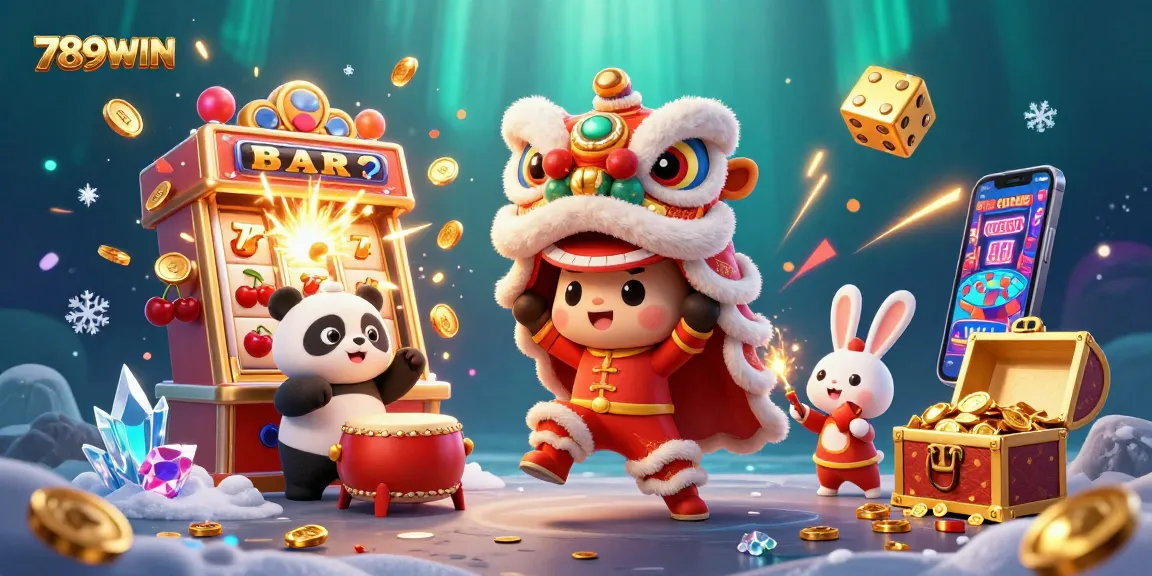 Experience excitement with 789WIN's vibrant casino scene featuring a lively lion dance and jackpot slots.