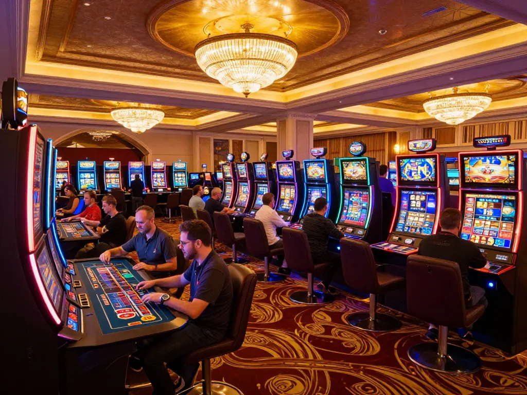 Players enjoying slots at the fly88 casino, experiencing a vibrant gaming atmosphere with engaging visuals