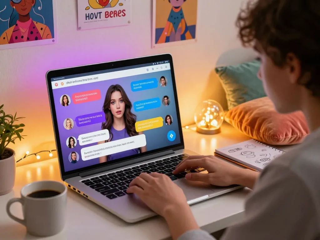 Engaging ai porn chat interface displayed on a modern laptop screen with colorful avatar interactions.