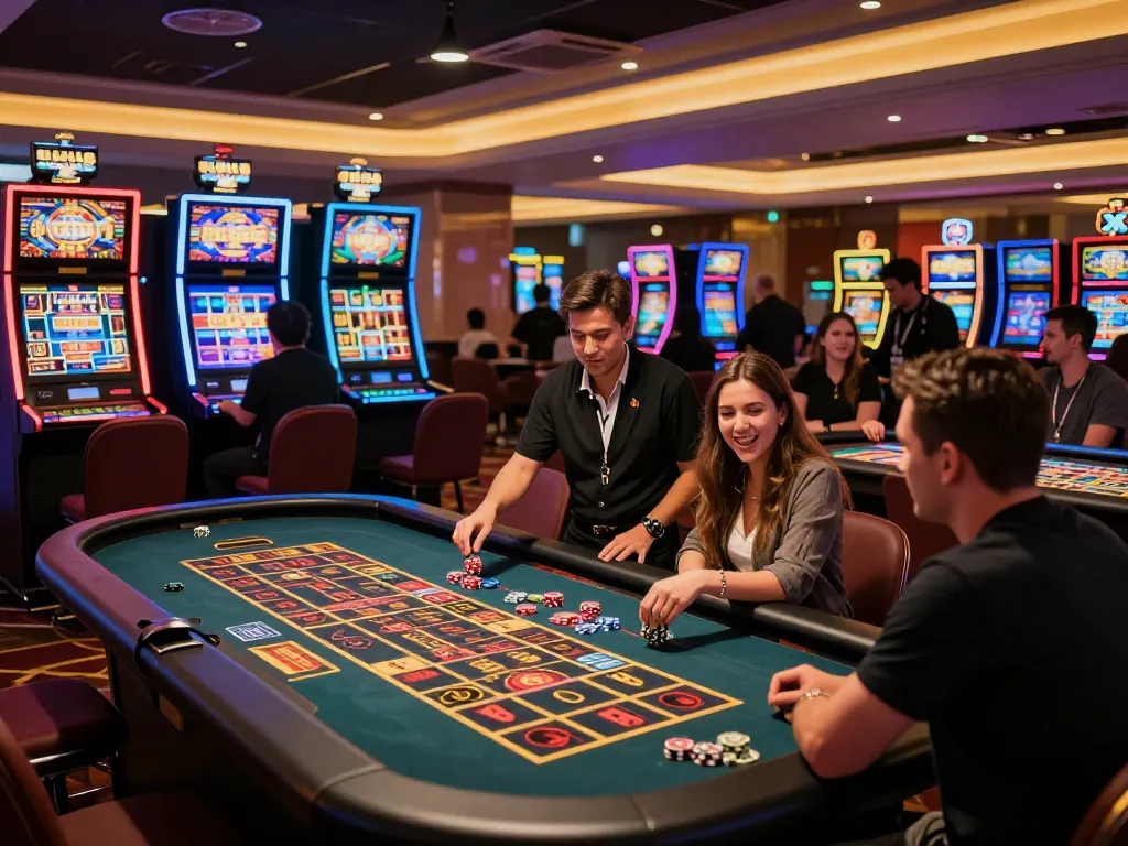 Players engaging with vibrant slot machines and casino tables at BL555.
