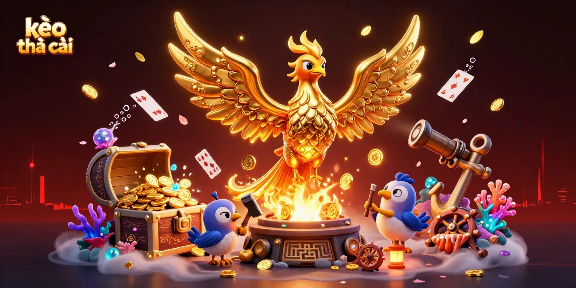 Engage with kèo nhà cái's exciting atmosphere filled with a glowing golden phoenix and treasure elements.