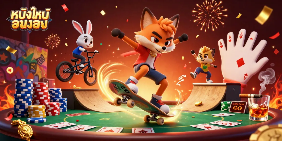 Engage in thrilling gaming with หนังใหม่ชนโรง, showcasing energetic characters and vibrant casino elements.