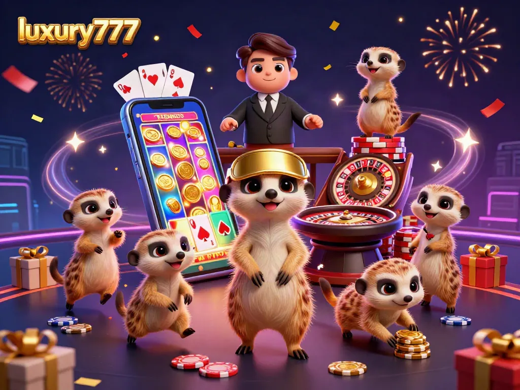 Engage with luxury777 as meerkats manage a lively casino operation filled with colorful games and festive elements.