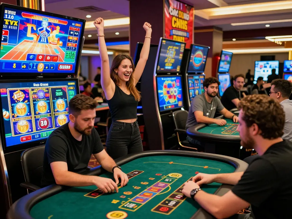 Engaged players enjoying various games on the TK88 online gambling platform, showcasing excitement and vibrant atmosphere.