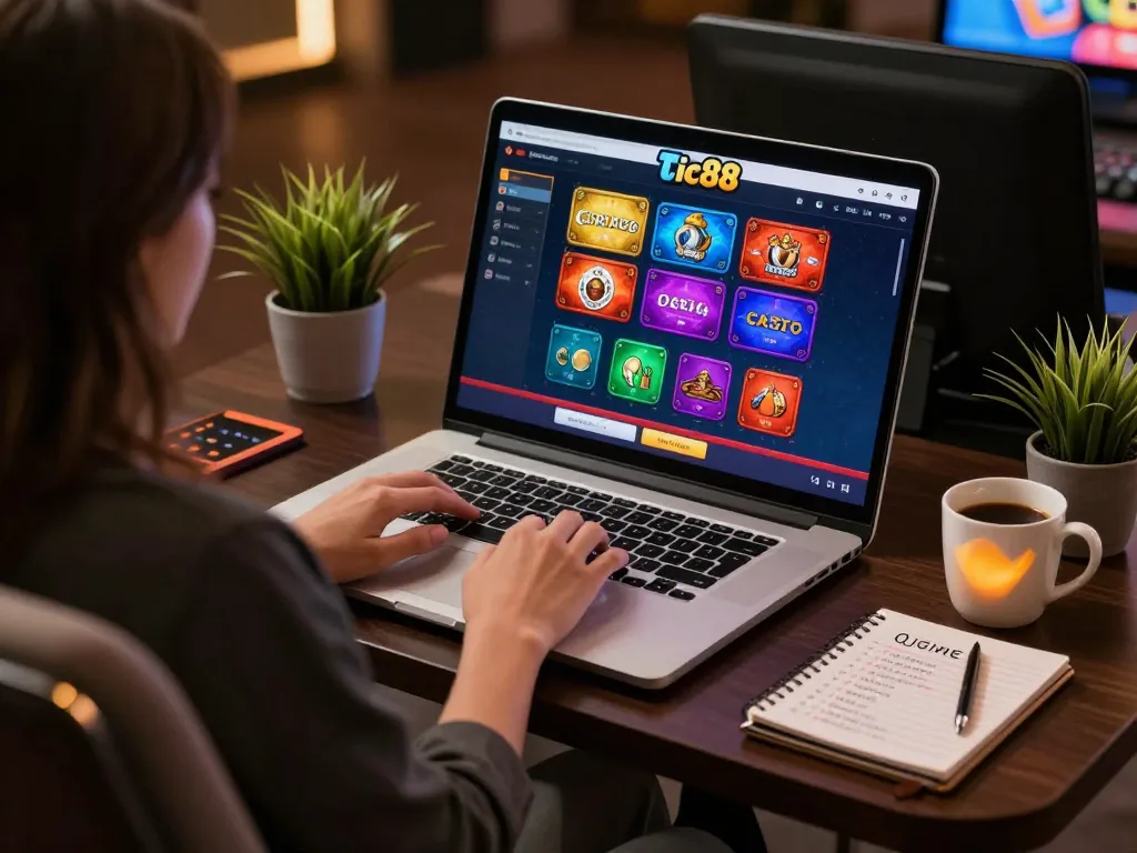 Engaging in strategic gameplay on tic88 casino with laptop, showcasing immersive gaming atmosphere.