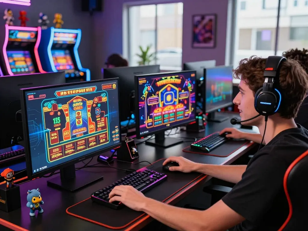 Exciting gaming atmosphere with player using xin88 gaming setup in modern space.
