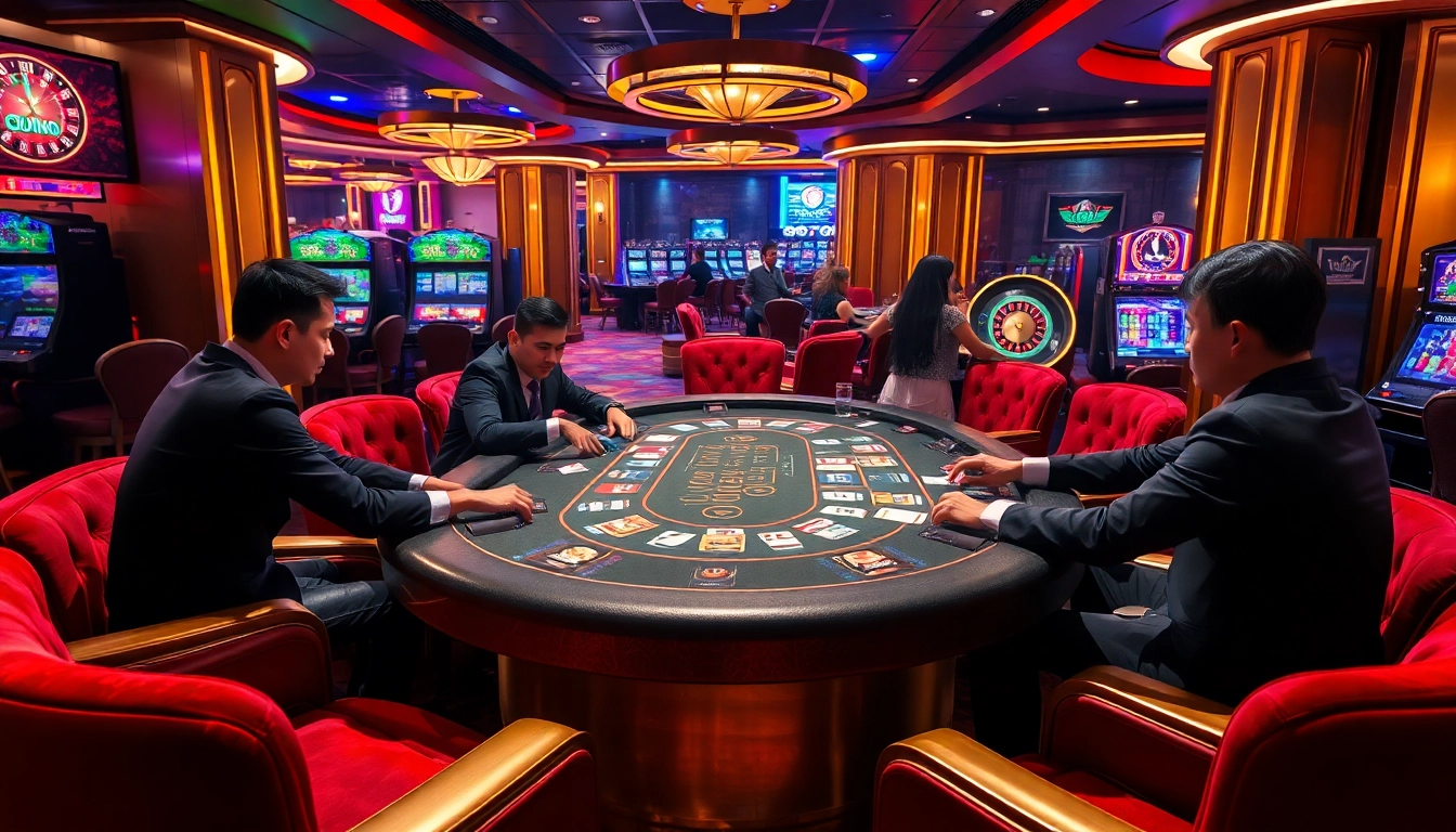 Players enjoying a high-stakes poker game at Lu88 casino, surrounded by luxury and excitement.
