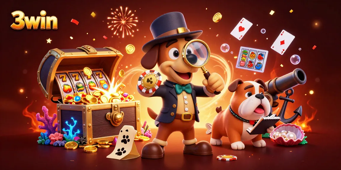 Engage with 3win characters in a vibrant casino adventure analyzing clues in a thrilling slot game scene.