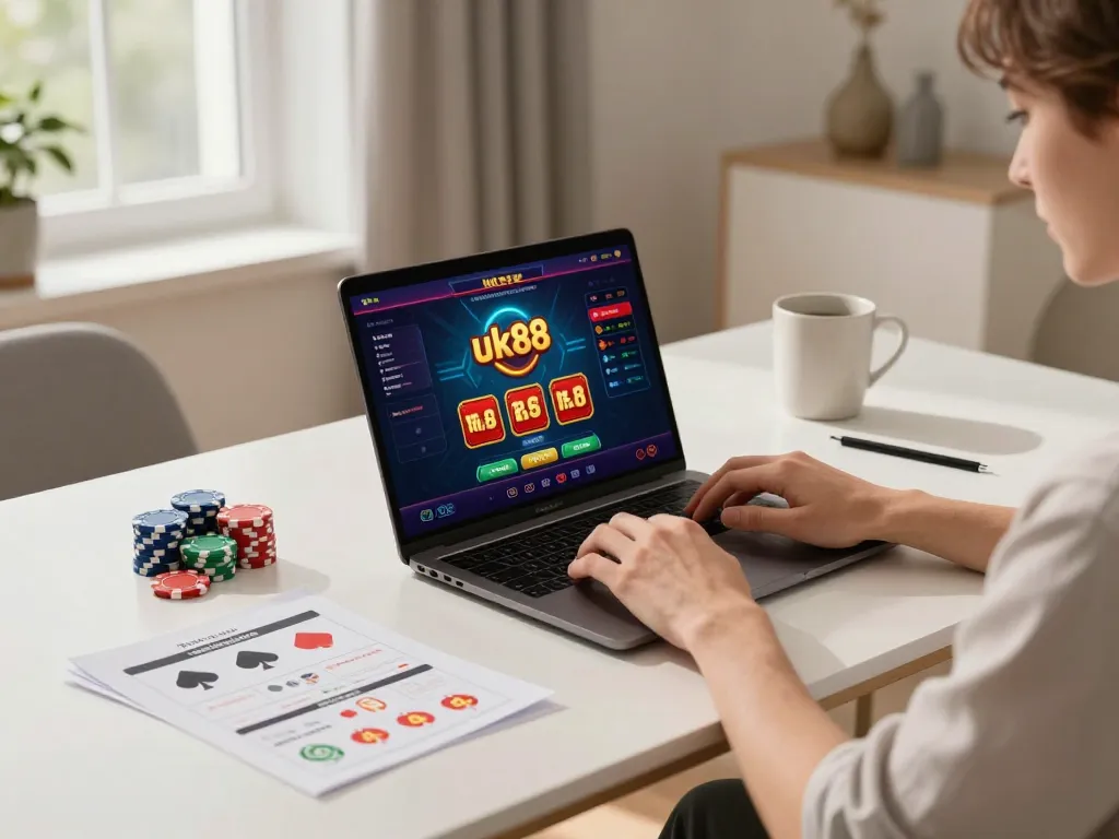Engaging online casino gaming at home with uk88 displayed on laptop screen.