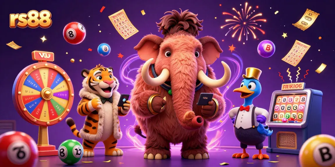 Experience excitement with rs88 as a mammoth bouncer checks IDs amidst vibrant lottery and casino elements.