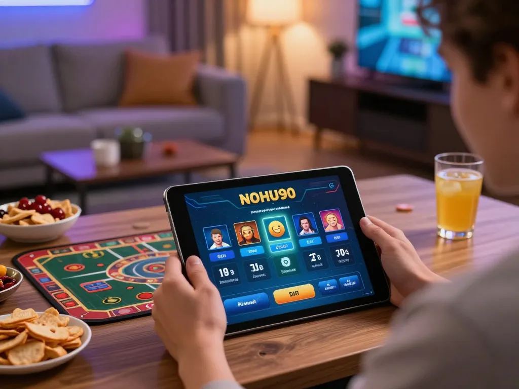 NOHU90 app user engaged in online gaming with a tablet in a cozy living room setting