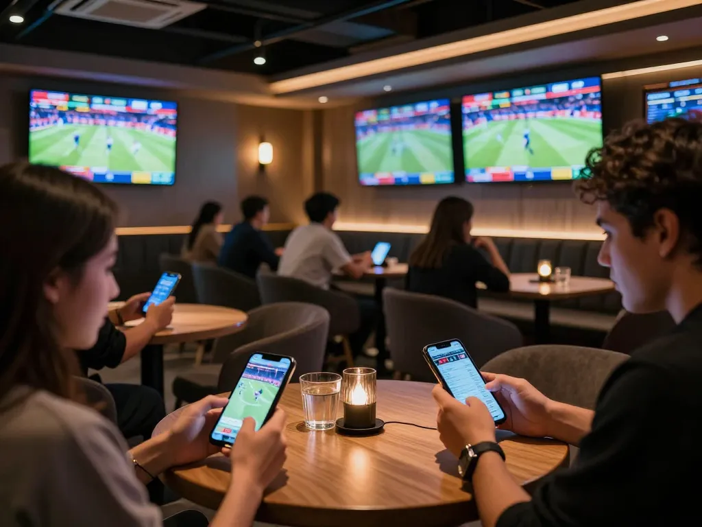 Engaging in kèo nhà cái betting at a lively sports lounge with screens showing games.